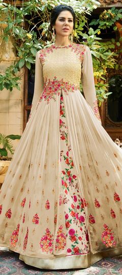 Beige and Brown color Long Lehenga Choli in Georgette, Satin Silk fabric with Embroidered, Stone, Thread, Zari work