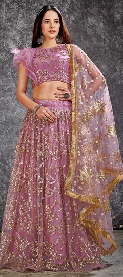 Pink and Majenta color Lehenga in Net fabric with Embroidered, Sequence, Thread work