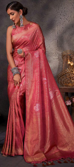 Pink and Majenta color Saree in Kanjeevaram Silk, Silk fabric with Weaving work