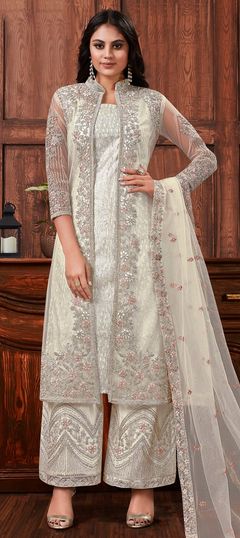 Designer, Party Wear White and Off White color Salwar Kameez in Net fabric with Straight Embroidered work : 1845195