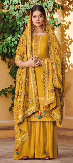 Mehendi Sangeet, Reception, Wedding Yellow color Salwar Kameez in Art Silk fabric with Palazzo Embroidered work : 1845199