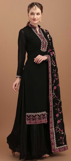 Designer, Party Wear Black and Grey color Salwar Kameez in Art Silk fabric with Palazzo Embroidered work : 1845200