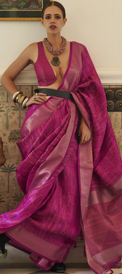 Party Wear, Traditional Pink and Majenta color Saree in Organza Silk fabric with South Weaving work : 1845201