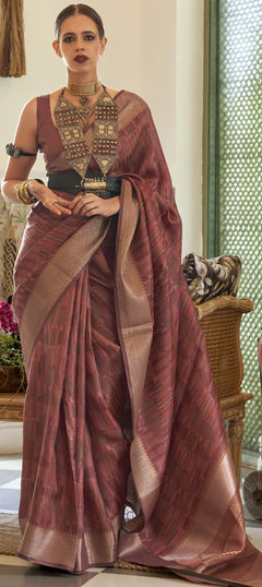 Party Wear, Traditional Beige and Brown color Saree in Organza Silk fabric with South Weaving work : 1845205