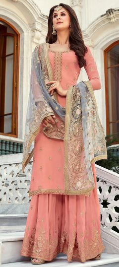 Pink and Majenta color Salwar Kameez in Georgette fabric with Embroidered work