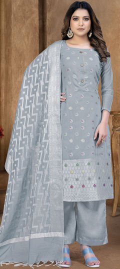 Casual Black and Grey color Salwar Kameez in Banarasi Silk fabric with Straight Weaving work : 1845491