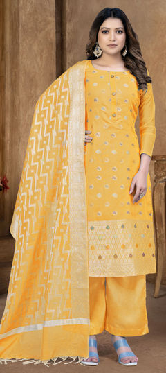 Yellow color Salwar Kameez in Banarasi Silk fabric with Weaving work