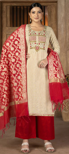 Beige and Brown color Salwar Kameez in Cotton fabric with Embroidered, Thread, Zari work