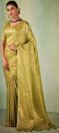 Green color Saree in Kanjeevaram Silk, Silk fabric with Weaving work