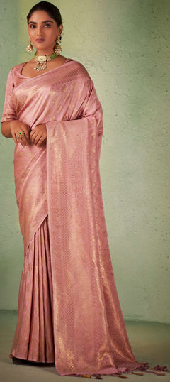 Pink and Majenta color Saree in Kanjeevaram Silk, Silk fabric with Weaving work