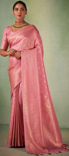 Pink and Majenta color Saree in Kanjeevaram Silk, Silk fabric with Weaving work