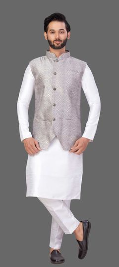 White and Off White color Kurta Pyjama with Jacket in Art Silk fabric with Thread work