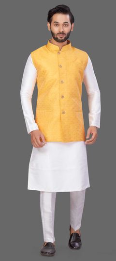 White and Off White color Kurta Pyjama with Jacket in Art Silk fabric with Thread work