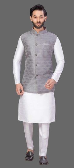 White and Off White color Kurta Pyjama with Jacket in Art Silk fabric with Thread work