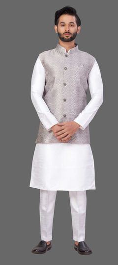 White and Off White color Kurta Pyjama with Jacket in Art Silk fabric with Thread work