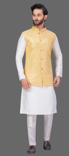 White and Off White color Kurta Pyjama with Jacket in Art Silk fabric with Thread work