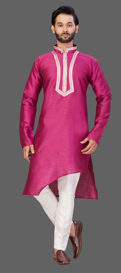 Pink and Majenta color Kurta Pyjamas in Dupion Silk fabric with Embroidered, Thread work