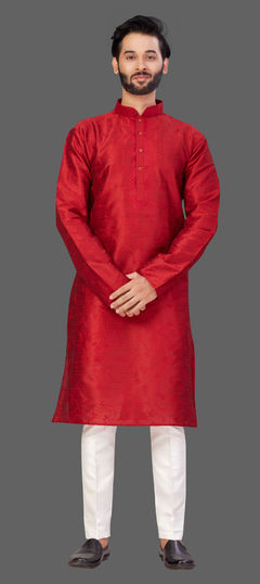 Red and Maroon color Kurta Pyjamas in Art Silk fabric with Embroidered, Thread work