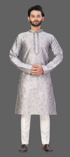 Black and Grey color Kurta Pyjamas in Art Silk fabric with Embroidered, Thread work