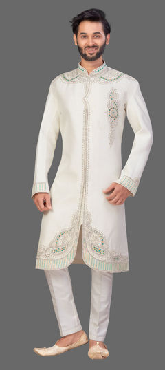 Beige and Brown color Sherwani in Art Silk fabric with Bugle Beads, Stone, Thread, Zardozi work