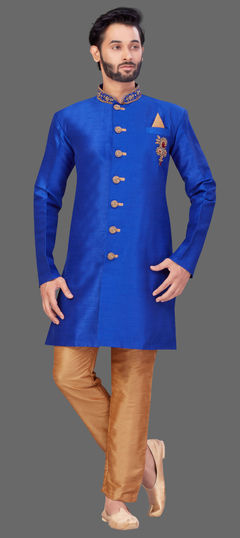 Blue color IndoWestern Dress in Art Silk fabric with Bugle Beads, Zardozi work