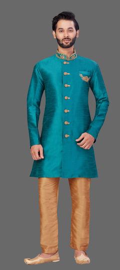 Blue color IndoWestern Dress in Art Silk fabric with Bugle Beads, Zardozi work