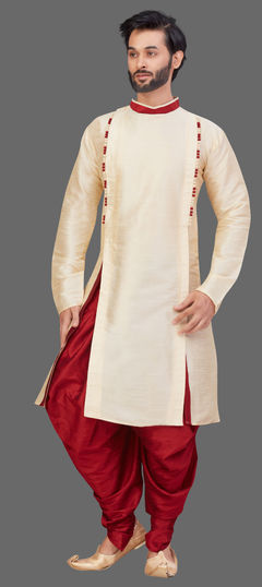 Beige and Brown color Dhoti Kurta in Art Silk fabric with Thread work