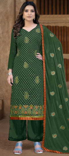 Green color Salwar Kameez in Chanderi Silk fabric with Embroidered work