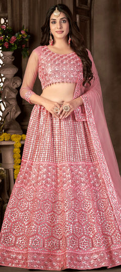 Pink and Majenta color Lehenga in Net fabric with Embroidered, Resham, Sequence, Zari work