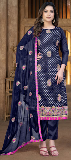 Blue color Salwar Kameez in Chanderi Silk fabric with Embroidered work