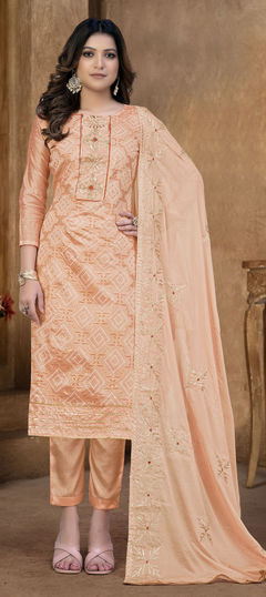 Pink and Majenta color Salwar Kameez in Cotton fabric with Embroidered work