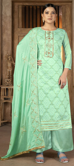 Green color Salwar Kameez in Cotton fabric with Embroidered work