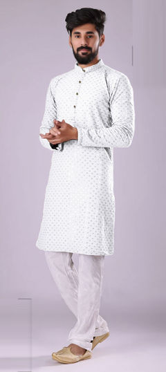 White and Off White color Kurta Pyjamas in Rayon fabric with Embroidered, Sequence, Thread work