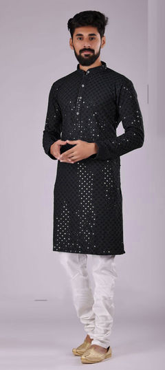 Black and Grey color Kurta Pyjamas in Rayon fabric with Embroidered, Sequence, Thread work