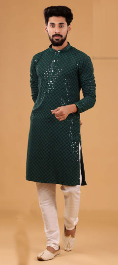 Green color Kurta Pyjamas in Rayon fabric with Embroidered, Sequence, Thread work