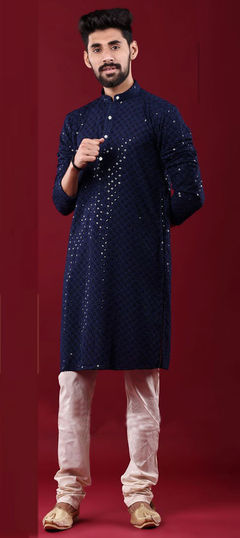 Blue color Kurta Pyjamas in Rayon fabric with Embroidered, Sequence, Thread work