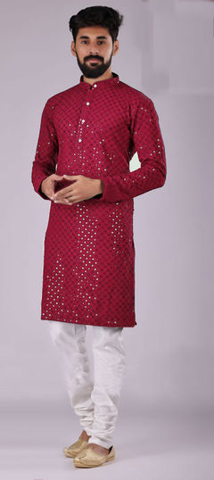 Red and Maroon color Kurta Pyjamas in Rayon fabric with Embroidered, Sequence, Thread work