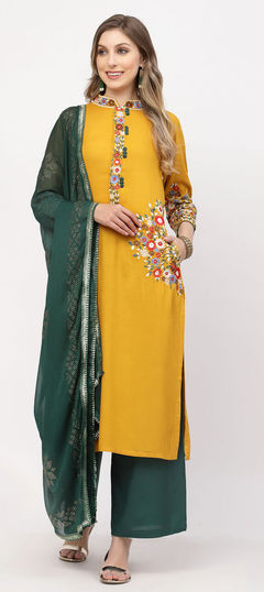 Yellow color Salwar Kameez in Rayon fabric with Embroidered work