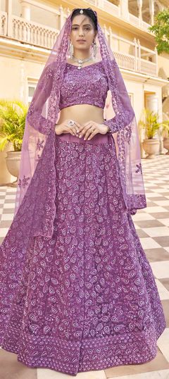 Pink and Majenta color Lehenga in Net fabric with Embroidered, Thread, Zircon work
