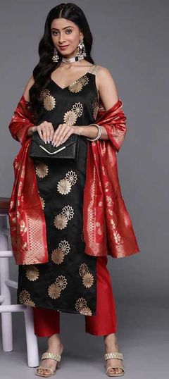 Casual Black and Grey color Salwar Kameez in Banarasi Silk fabric with Straight Weaving work : 1846092