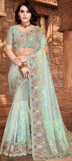 Green color Saree in Net fabric with Embroidered, Resham, Sequence work