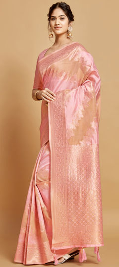 Pink and Majenta color Saree in Linen fabric with Weaving work