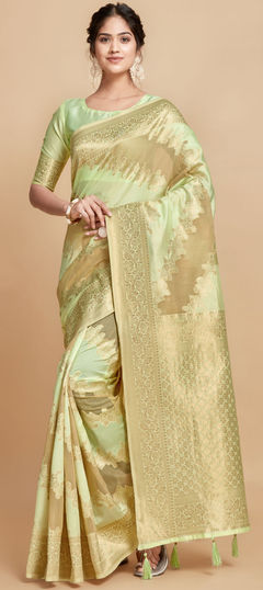 Green color Saree in Linen fabric with Weaving work