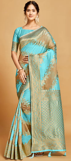 Blue color Saree in Linen fabric with Weaving work