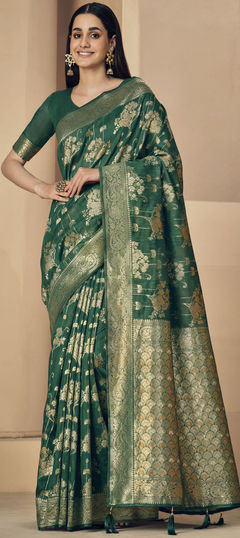 Green color Saree in Linen fabric with Weaving work