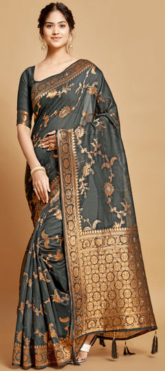 Black and Grey color Saree in Linen fabric with Weaving work