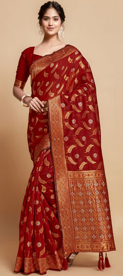 Red and Maroon color Saree in Linen fabric with Weaving work