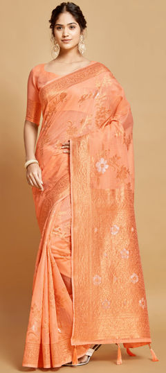 Pink and Majenta color Saree in Linen fabric with Weaving work