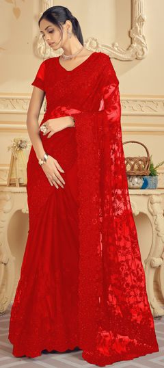 Red and Maroon color Saree in Net fabric with Embroidered, Moti, Resham, Stone, Thread work