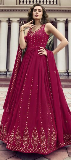 Engagement, Mehendi Sangeet, Reception Pink and Majenta color Gown in Georgette fabric with Embroidered, Sequence, Thread work : 1846534